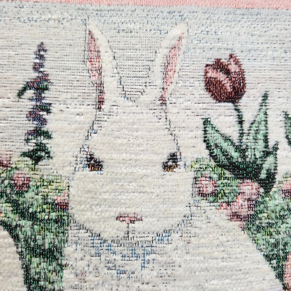 Vintage Woven Tapestry Bunny Rabbit Garden Throw Pillow Easter Cottagecore Decor